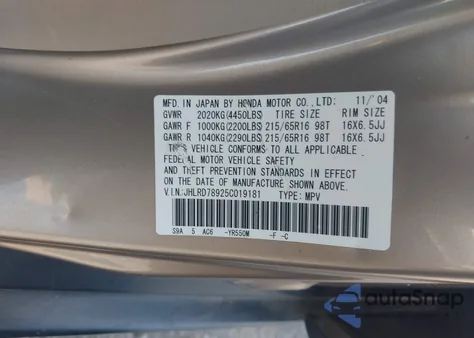 2005 Honda Cr-V Se из США, поврежденный, VIN JHLRD78925C019181